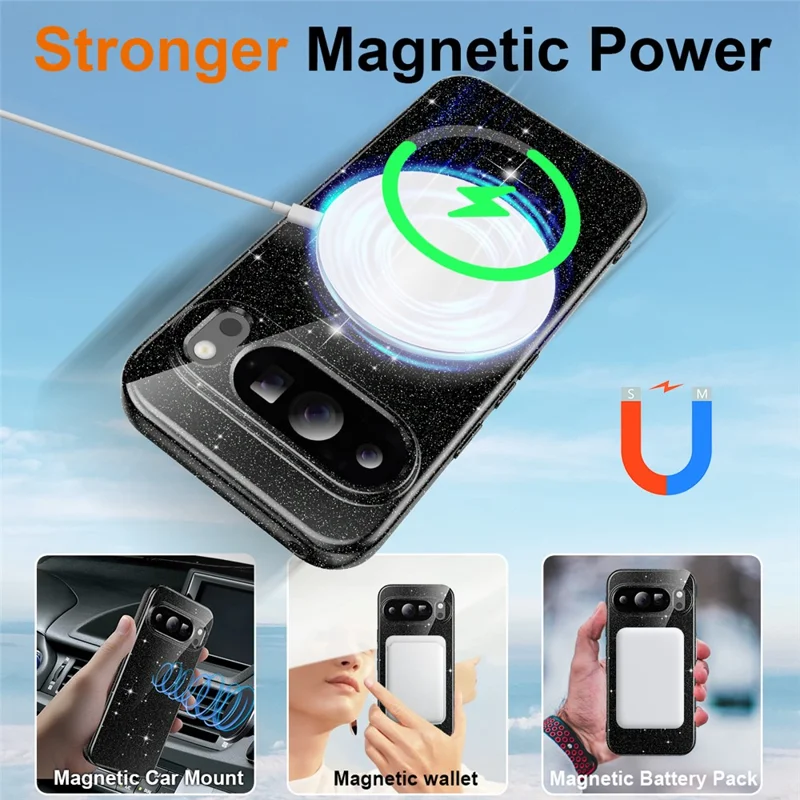 For Google Pixel 10 Pro XL Magnetic Case Glitter TPU Shockproof Phone Cover with Lanyard - Black