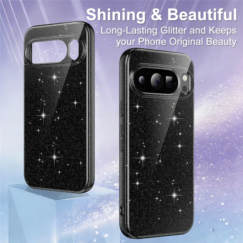 For Google Pixel 10 Pro XL Magnetic Case Glitter TPU Shockproof Phone Cover with Lanyard - Black