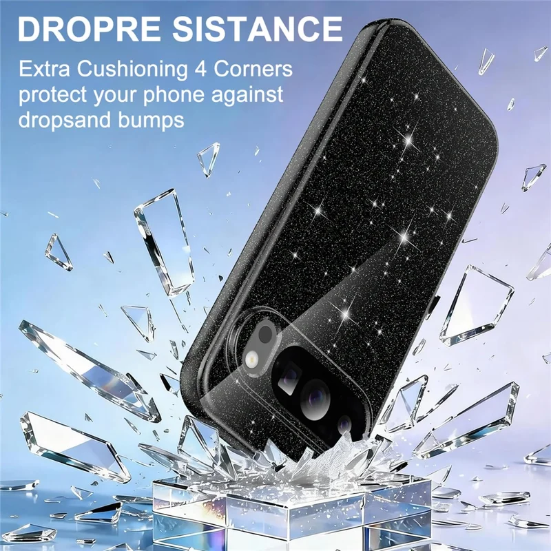 For Google Pixel 10 Pro XL Magnetic Case Glitter TPU Shockproof Phone Cover with Lanyard - Black