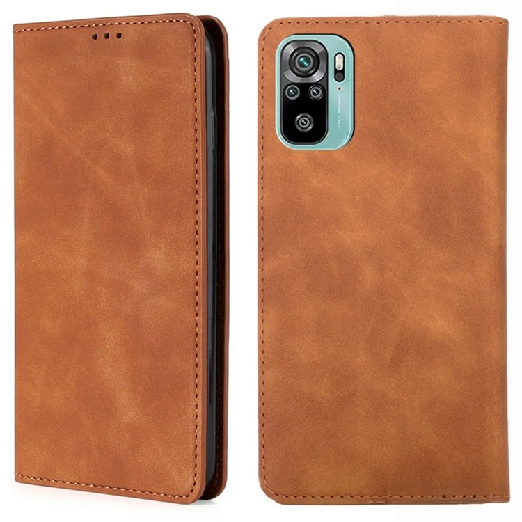 For Xiaomi Poco M5s 4G / Redmi Note 11 SE (India) 4G / Note 10 4G / Note 10S 4G PU Leather Cover, Viewing Stand Skin-touch Feeling Hidden Magnetic Adsorption Flip Case with Card Holder - Light Brown