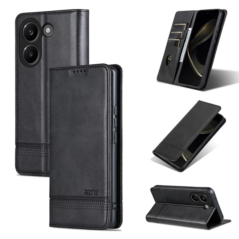 AZNS For Xiaomi Redmi Turbo 5 5G Case Cowhide Texture PU Leather Wallet Phone Cover - Black