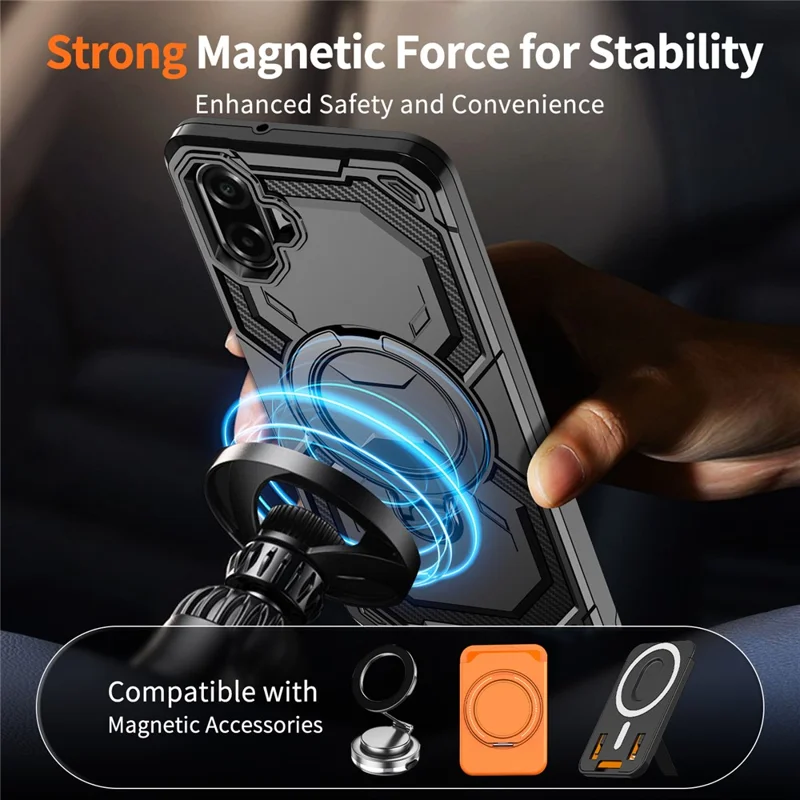 For Samsung Galaxy A07 4G Magnetic Case Ring Kickstand PC + TPU Hybrid Phone Cover - Black