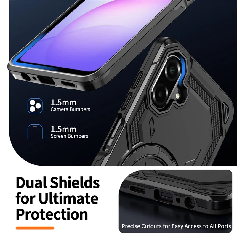 For Samsung Galaxy A07 4G Magnetic Case Ring Kickstand PC + TPU Hybrid Phone Cover - Black