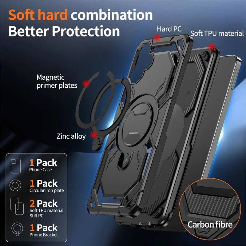 For Samsung Galaxy A07 4G Magnetic Case Ring Kickstand PC + TPU Hybrid Phone Cover - Black