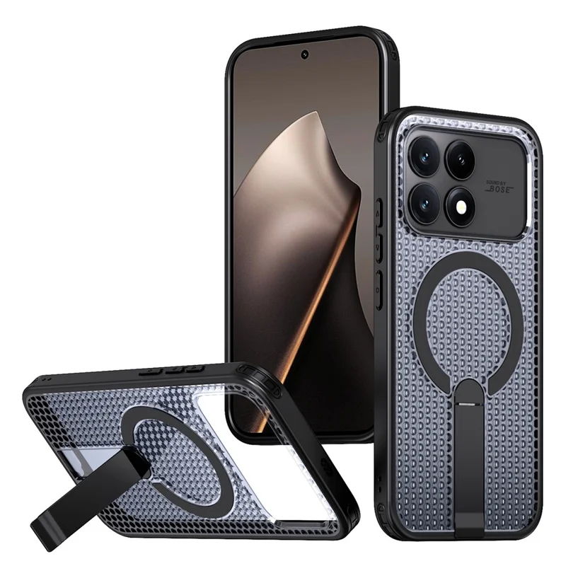 For Xiaomi Poco F8 Pro 5G  /  Redmi K90 5G Magnetic Case Kickstand Grid Texture TPU PC Phone Back Cover - Black
