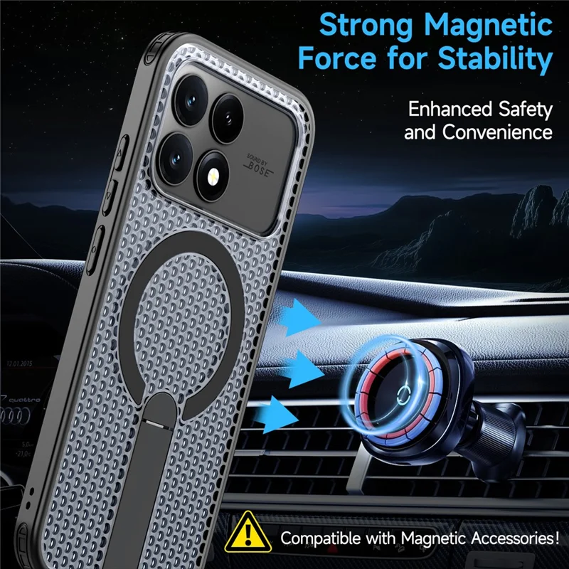 For Xiaomi Poco F8 Pro 5G  /  Redmi K90 5G Magnetic Case Kickstand Grid Texture TPU PC Phone Back Cover - Black