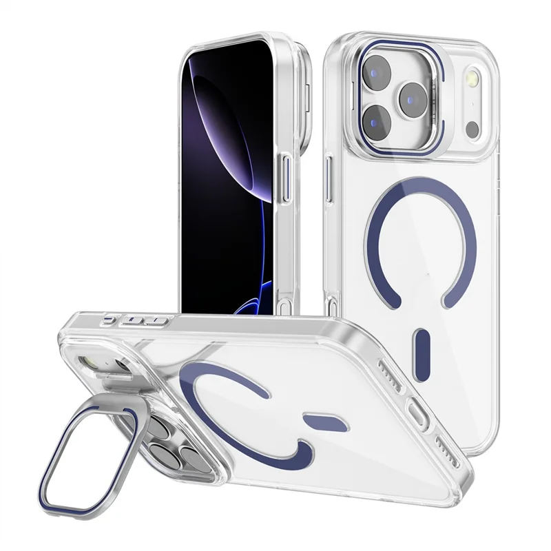 Achat en gros pour coque iPhone 17 Pro Max compatible MagSafe avec cadre d'objectif et support intégré, housse transparente en PC - Saphir