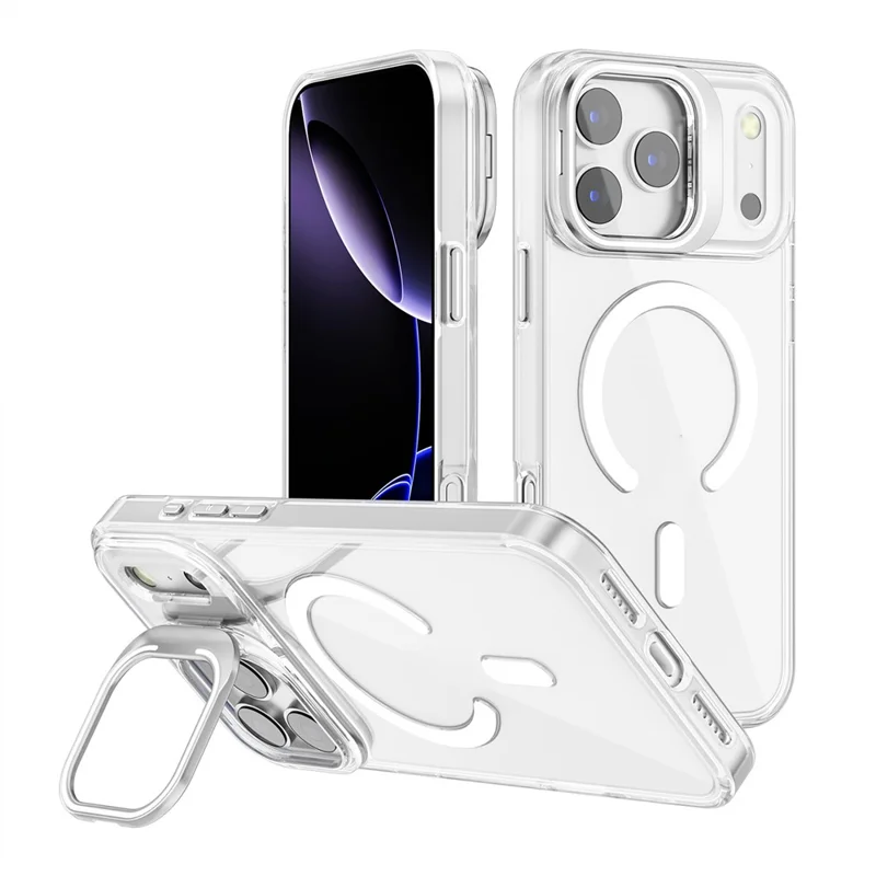 Achat en vrac pour coque iPhone 17 Pro compatible MagSafe avec cadre d'objectif et support intégré, housse transparente en PC - Blanc