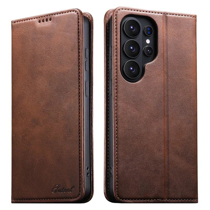 SUTENI for Samsung Galaxy S26 Ultra Calf Texture Leather Case Wallet Magnetic Closure - Brown