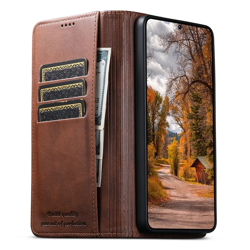 SUTENI for Samsung Galaxy S26 Ultra Calf Texture Leather Case Wallet Magnetic Closure - Brown