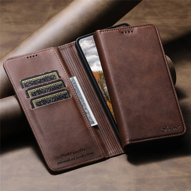 SUTENI for Samsung Galaxy S26 Ultra Calf Texture Leather Case Wallet Magnetic Closure - Brown