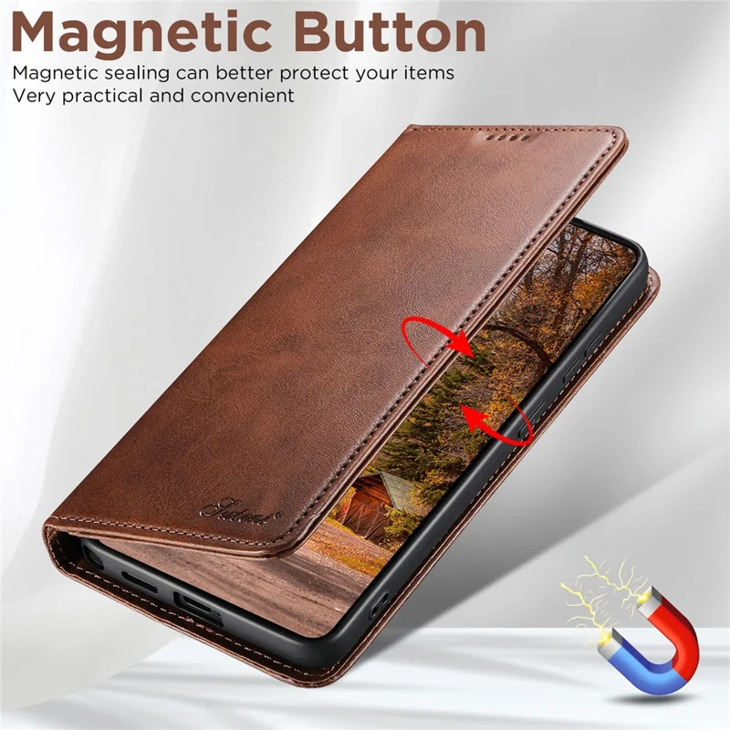 SUTENI for Samsung Galaxy S26 Ultra Calf Texture Leather Case Wallet Magnetic Closure - Brown