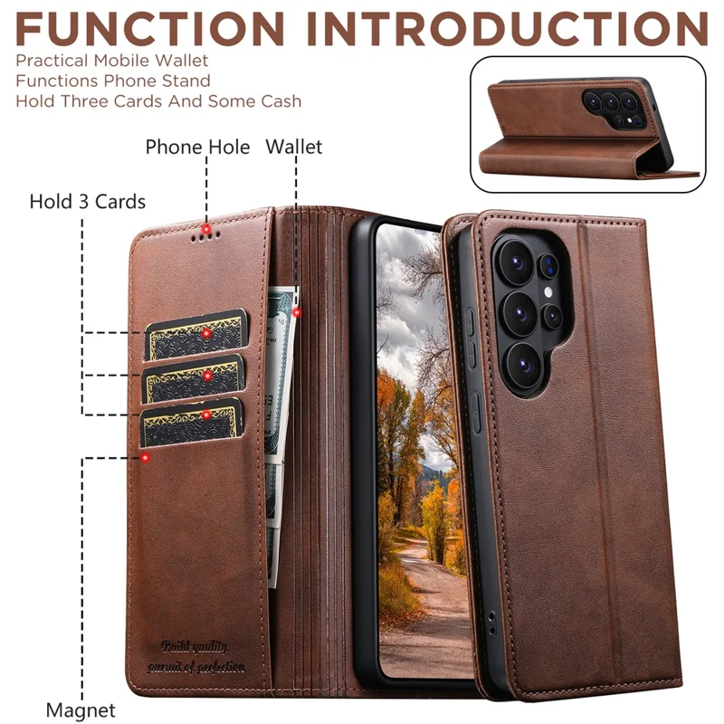 SUTENI for Samsung Galaxy S26 Ultra Calf Texture Leather Case Wallet Magnetic Closure - Brown