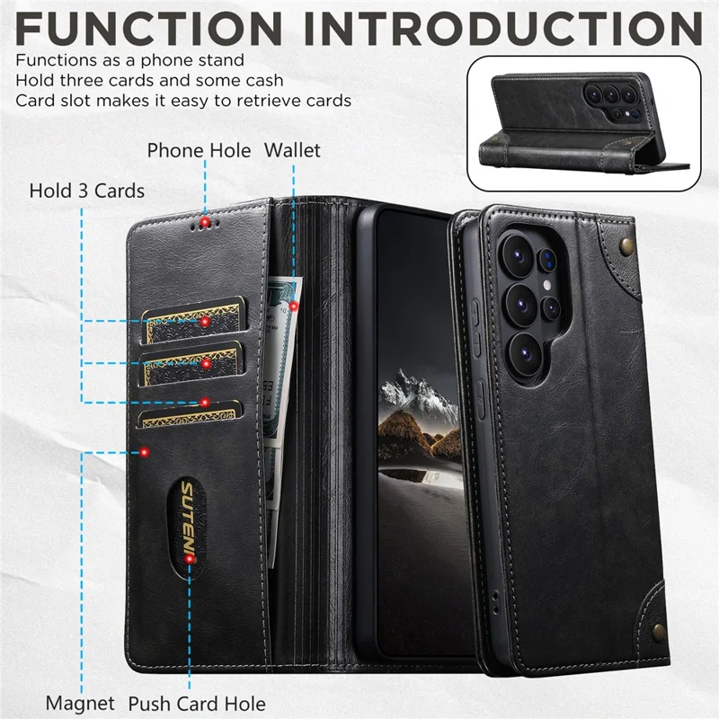 SUTENI For Samsung Galaxy S26 Ultra Case PU Leather Stand Wallet Phone Cover - Black