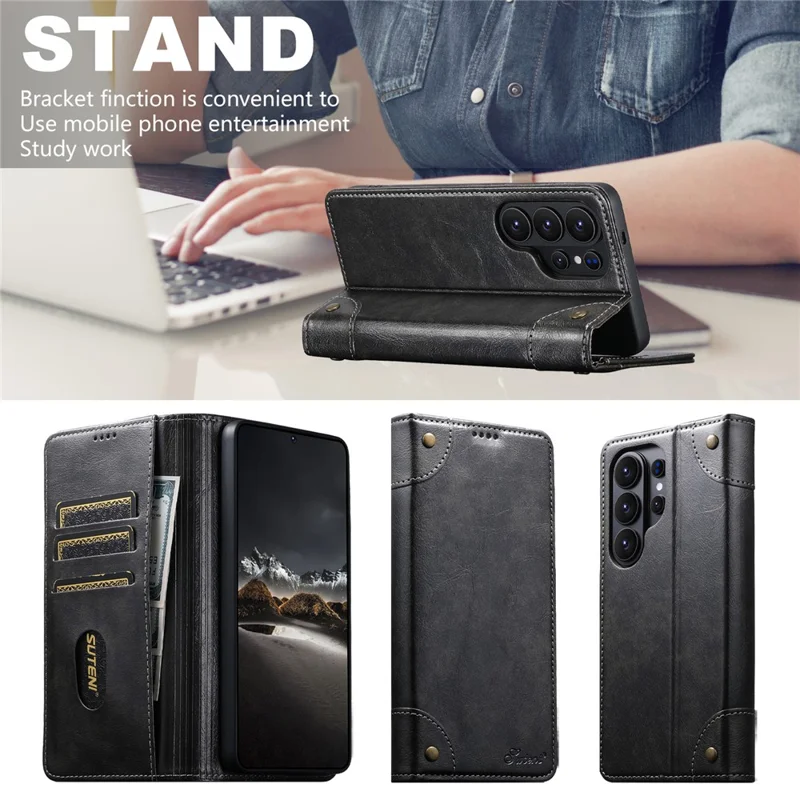SUTENI For Samsung Galaxy S26 Ultra Case PU Leather Stand Wallet Phone Cover - Black