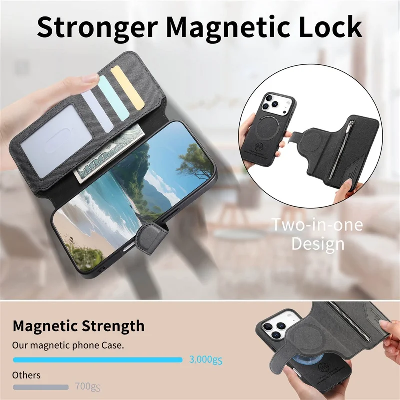 For iPhone 17 Pro Max Magnetic Case RFID Blocking Detachable Wallet Stand Cloth Texture Leather Phone Cover - Black