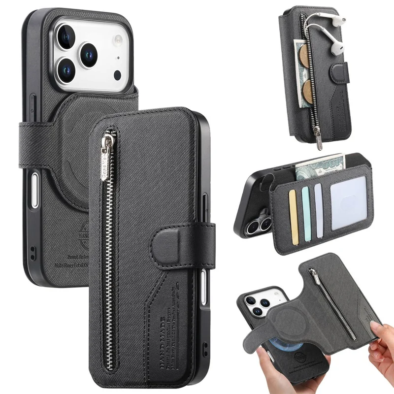 For iPhone 17 Pro Magnetic Case RFID Blocking Detachable Wallet Stand Cloth Texture Leather Phone Cover - Black