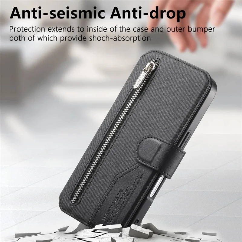 For iPhone 17 Pro Magnetic Case RFID Blocking Detachable Wallet Stand Cloth Texture Leather Phone Cover - Black