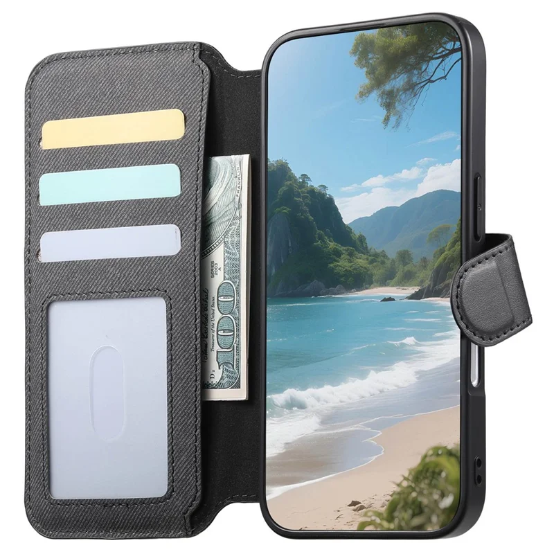 For iPhone 17 Pro Magnetic Case RFID Blocking Detachable Wallet Stand Cloth Texture Leather Phone Cover - Black