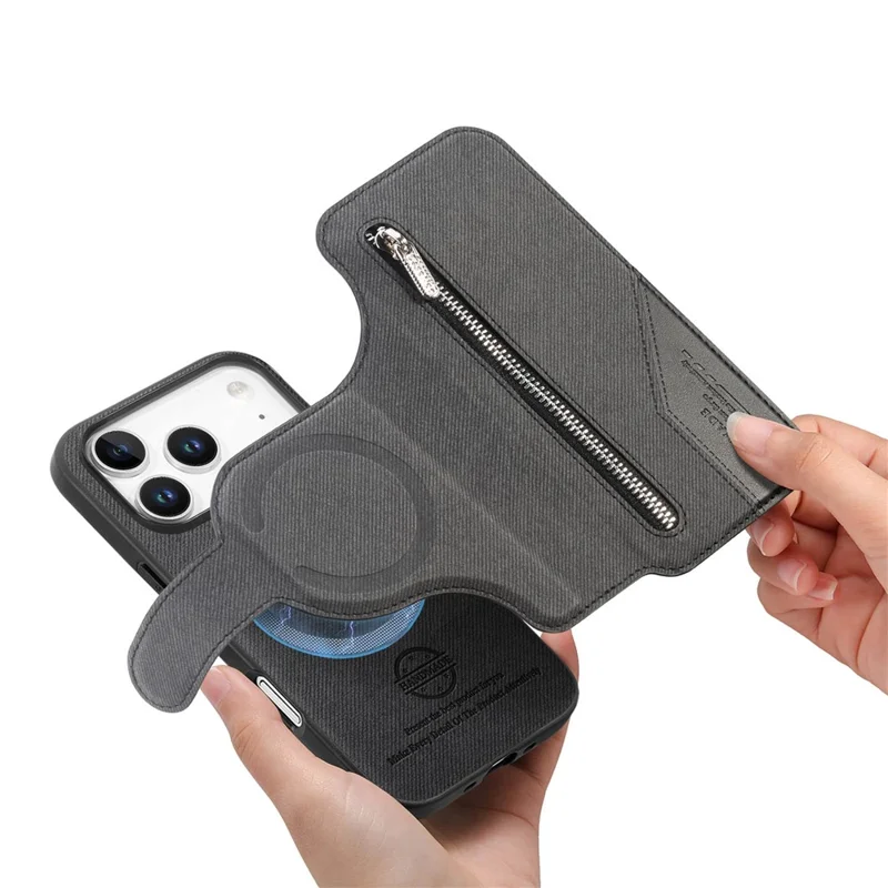 For iPhone 17 Pro Magnetic Case RFID Blocking Detachable Wallet Stand Cloth Texture Leather Phone Cover - Black