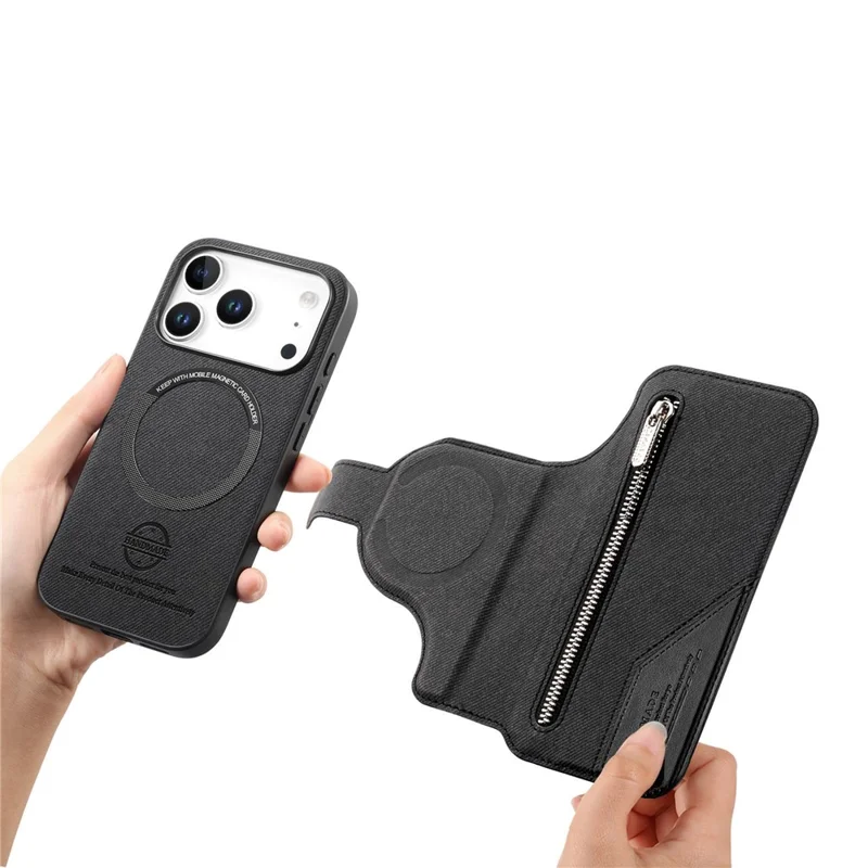 For iPhone 17 Pro Magnetic Case RFID Blocking Detachable Wallet Stand Cloth Texture Leather Phone Cover - Black