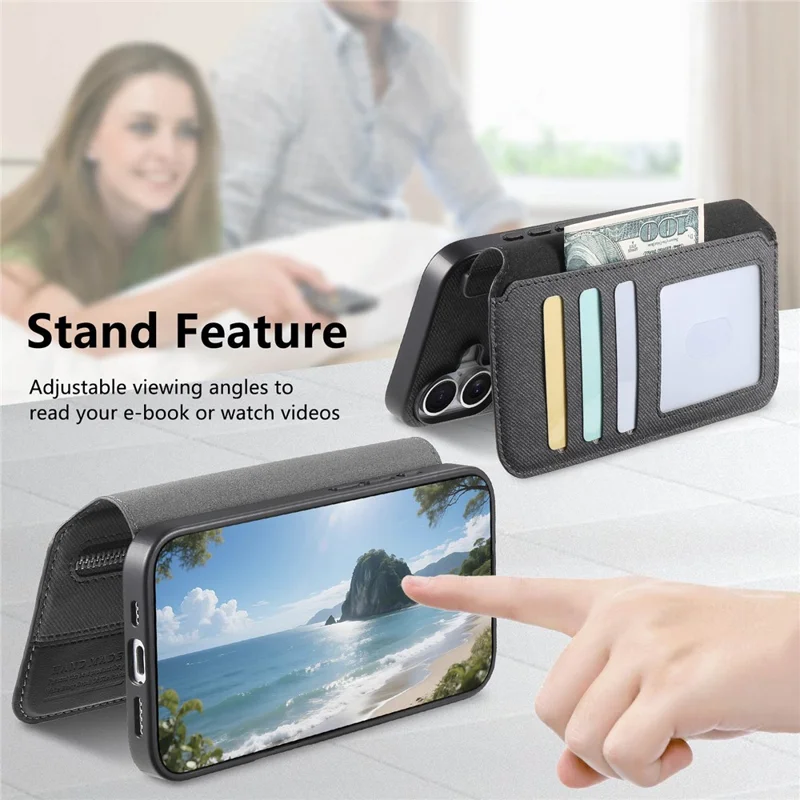 For iPhone 17 Pro Magnetic Case RFID Blocking Detachable Wallet Stand Cloth Texture Leather Phone Cover - Black