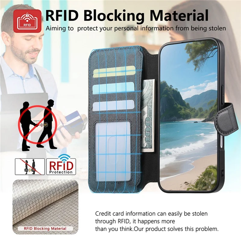 For iPhone 17 Pro Magnetic Case RFID Blocking Detachable Wallet Stand Cloth Texture Leather Phone Cover - Black