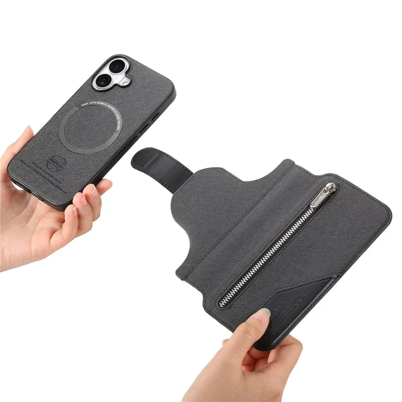 For iPhone 17 Magnetic Case RFID Blocking Detachable Wallet Stand Cloth Texture Leather Phone Cover - Black