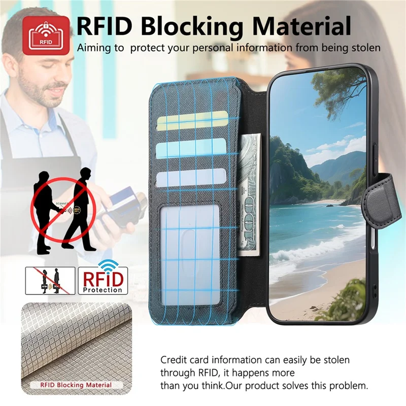 For iPhone 16 Magnetic Case RFID Blocking Detachable Wallet Stand Cloth Texture Leather Phone Cover - Black