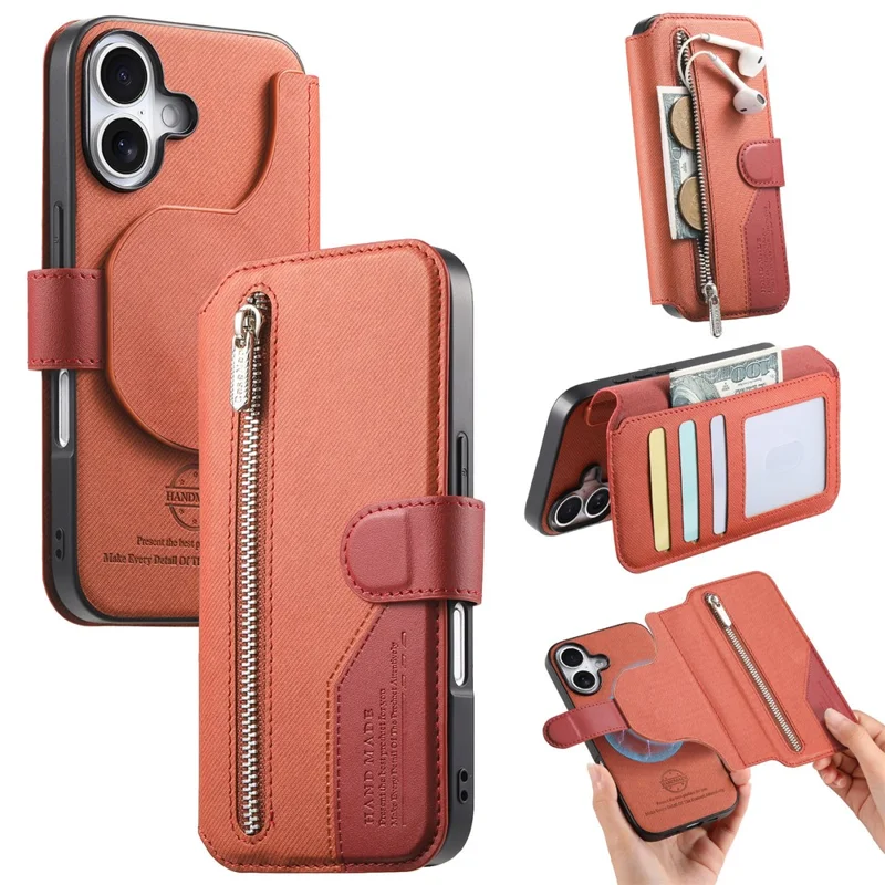 For iPhone 16 Magnetic Case RFID Blocking Detachable Wallet Stand Cloth Texture Leather Phone Cover - Brown