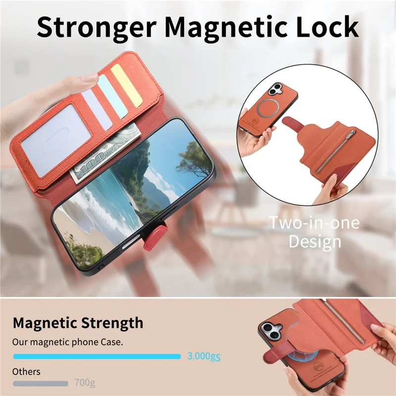 For iPhone 16 Magnetic Case RFID Blocking Detachable Wallet Stand Cloth Texture Leather Phone Cover - Brown