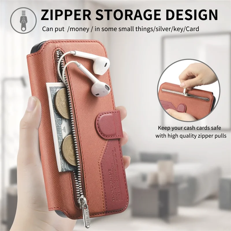 For iPhone 16 Magnetic Case RFID Blocking Detachable Wallet Stand Cloth Texture Leather Phone Cover - Brown