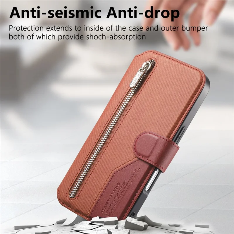 For iPhone 16 Magnetic Case RFID Blocking Detachable Wallet Stand Cloth Texture Leather Phone Cover - Brown