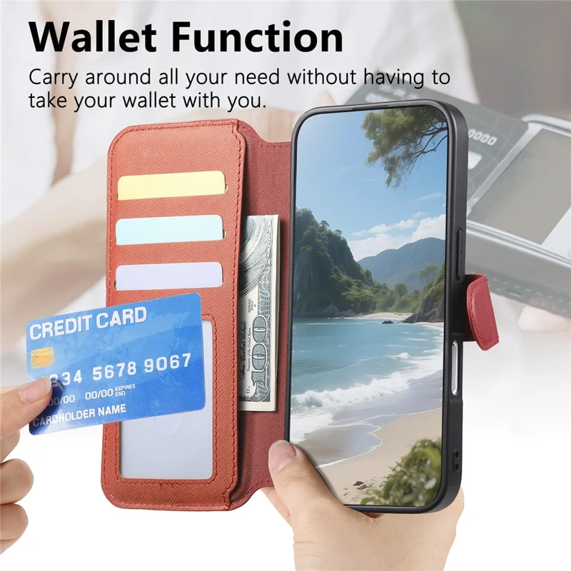 For iPhone 16 Magnetic Case RFID Blocking Detachable Wallet Stand Cloth Texture Leather Phone Cover - Brown