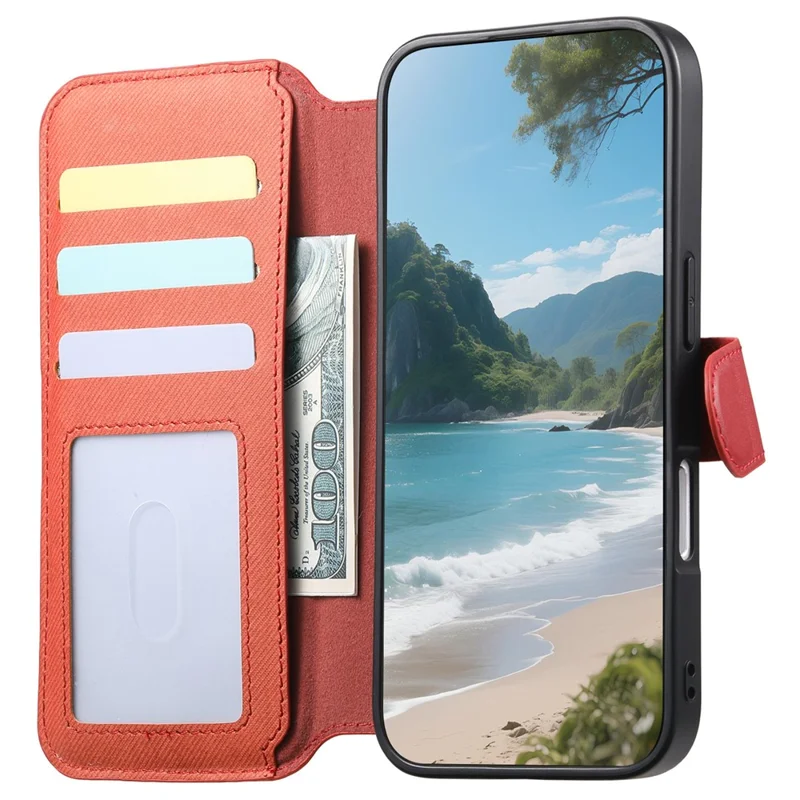 For iPhone 16 Magnetic Case RFID Blocking Detachable Wallet Stand Cloth Texture Leather Phone Cover - Brown