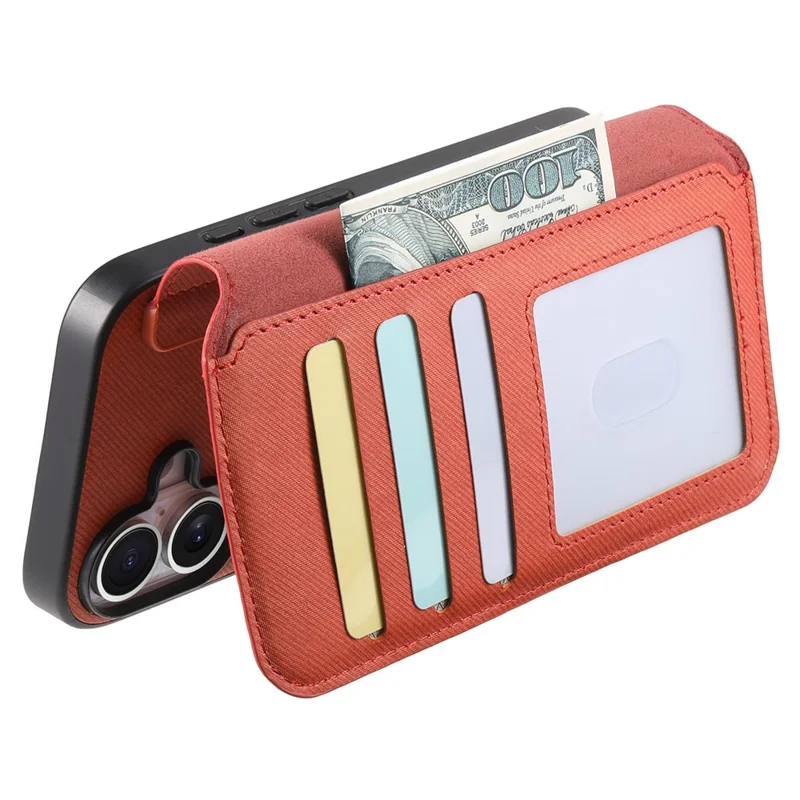 For iPhone 16 Magnetic Case RFID Blocking Detachable Wallet Stand Cloth Texture Leather Phone Cover - Brown