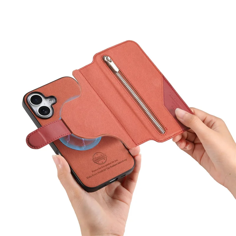 For iPhone 16 Magnetic Case RFID Blocking Detachable Wallet Stand Cloth Texture Leather Phone Cover - Brown
