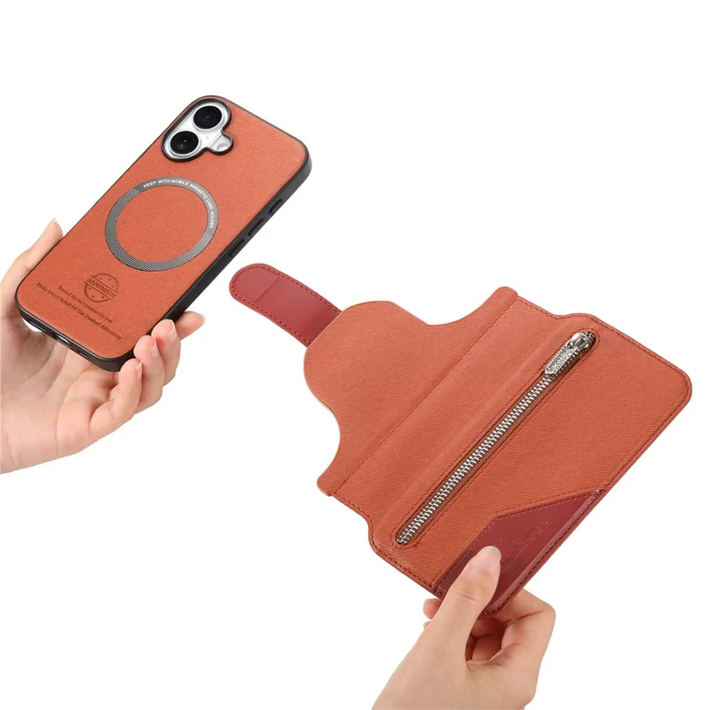For iPhone 16 Magnetic Case RFID Blocking Detachable Wallet Stand Cloth Texture Leather Phone Cover - Brown
