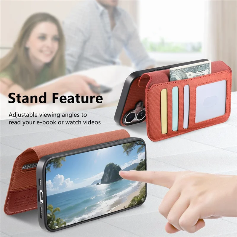 For iPhone 16 Magnetic Case RFID Blocking Detachable Wallet Stand Cloth Texture Leather Phone Cover - Brown
