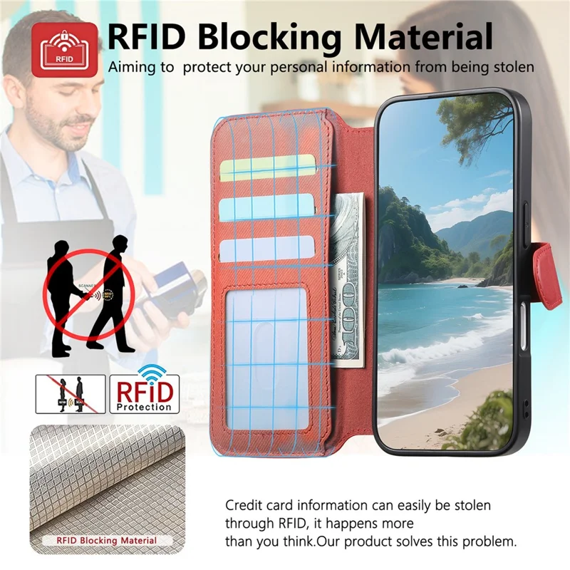 For iPhone 16 Magnetic Case RFID Blocking Detachable Wallet Stand Cloth Texture Leather Phone Cover - Brown