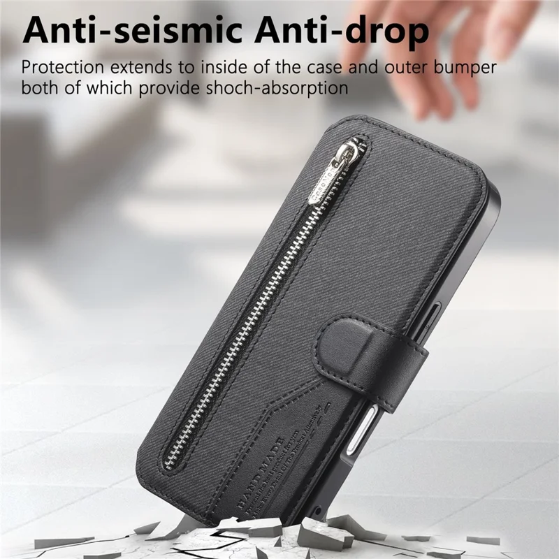 For iPhone 16 Pro Max Magnetic Case RFID Blocking Detachable Wallet Stand Cloth Texture Leather Phone Cover - Black