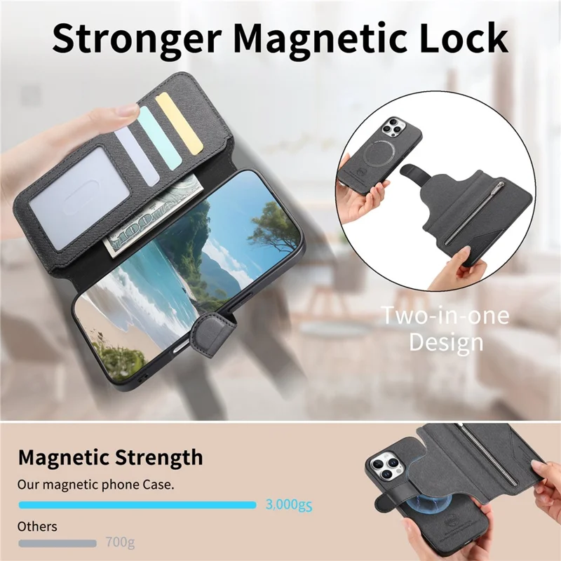 For iPhone 16 Pro Magnetic Case RFID Blocking Detachable Wallet Stand Cloth Texture Leather Phone Cover  - Black