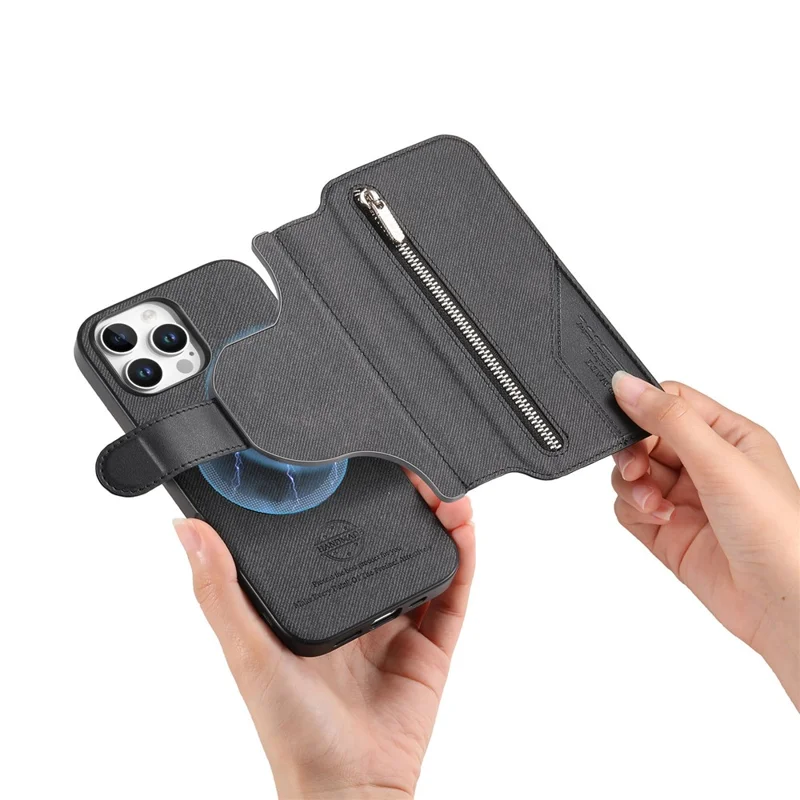 For iPhone 16 Pro Magnetic Case RFID Blocking Detachable Wallet Stand Cloth Texture Leather Phone Cover  - Black