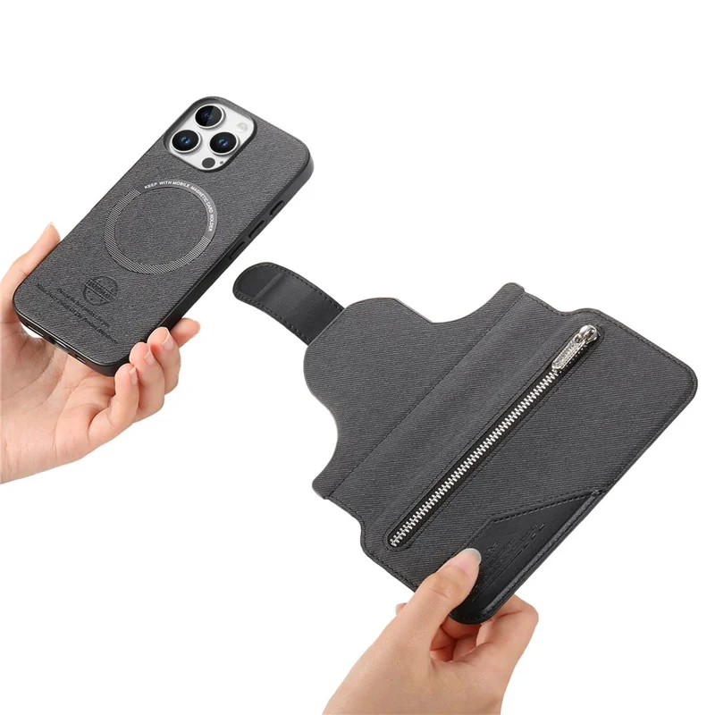 For iPhone 16 Pro Magnetic Case RFID Blocking Detachable Wallet Stand Cloth Texture Leather Phone Cover  - Black