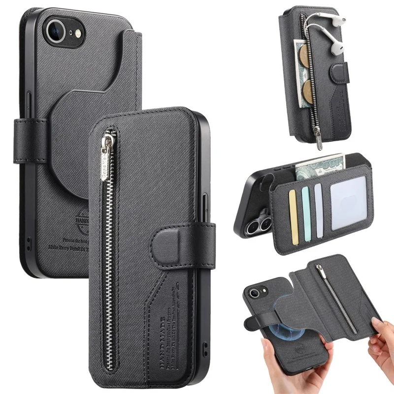 Magnetic Case For iPhone 17e  /  16e RFID Blocking   Detachable Wallet Stand Cloth Texture Leather Phone Cover - Black
