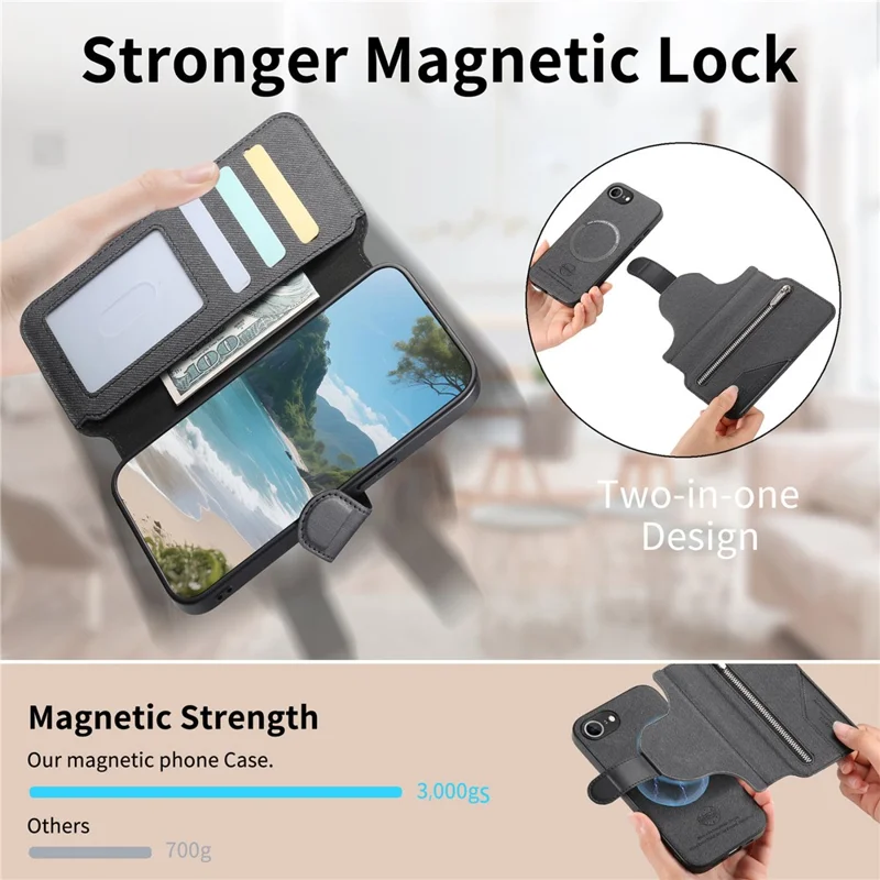 Magnetic Case For iPhone 17e  /  16e RFID Blocking   Detachable Wallet Stand Cloth Texture Leather Phone Cover - Black
