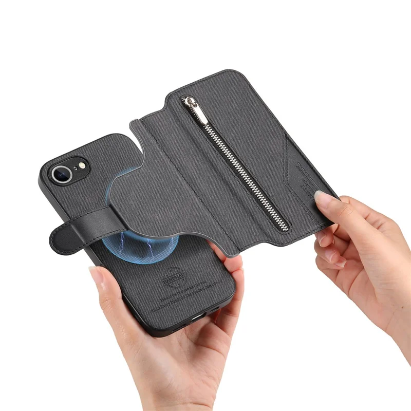 Magnetic Case For iPhone 17e  /  16e RFID Blocking   Detachable Wallet Stand Cloth Texture Leather Phone Cover - Black