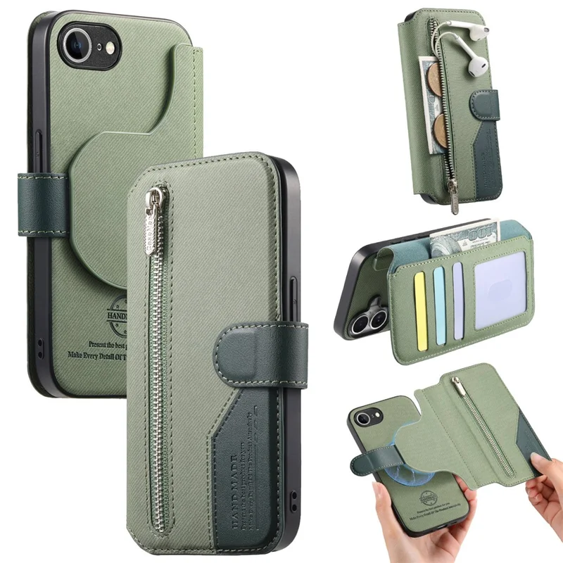 Magnetic Case For iPhone 17e  /  16e RFID Blocking   Detachable Wallet Stand Cloth Texture Leather Phone Cover - Green
