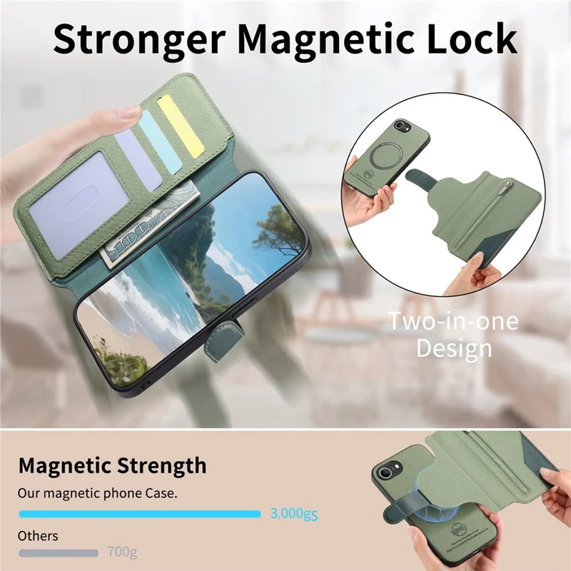 Magnetic Case For iPhone 17e  /  16e RFID Blocking   Detachable Wallet Stand Cloth Texture Leather Phone Cover - Green