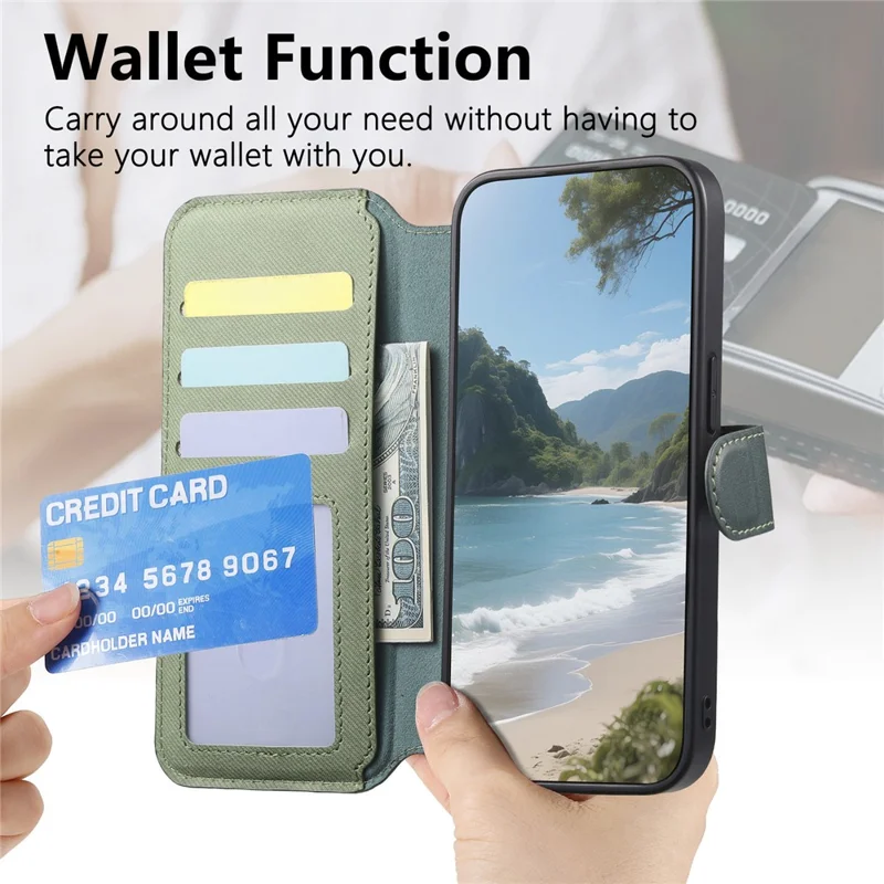 Magnetic Case For iPhone 17e  /  16e RFID Blocking   Detachable Wallet Stand Cloth Texture Leather Phone Cover - Green
